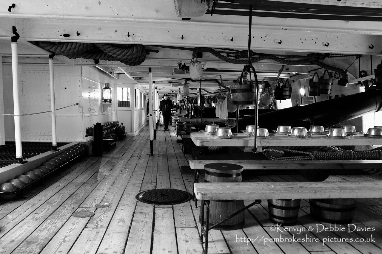 Built between 1859-61, The HMS Warrior was one of two armoured frigates (her sister ship was the HMS Black Prince) built in response to the French Napol?on, the first steam powered battleship in the world. She was the largest, most powerful and fastest ship of her day but soon became obsolete as maritime warfare equipment advanced. She is now docked in Portsmouth Harbour and has been restored as part of the National Maritime Fleet.