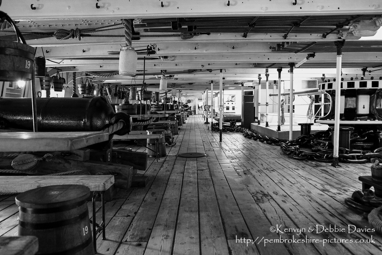 Built between 1859-61, The HMS Warrior was one of two armoured frigates (her sister ship was the HMS Black Prince) built in response to the French Napol?on, the first steam powered battleship in the world. She was the largest, most powerful and fastest ship of her day but soon became obsolete as maritime warfare equipment advanced. She is now docked in Portsmouth Harbour and has been restored as part of the National Maritime Fleet.
