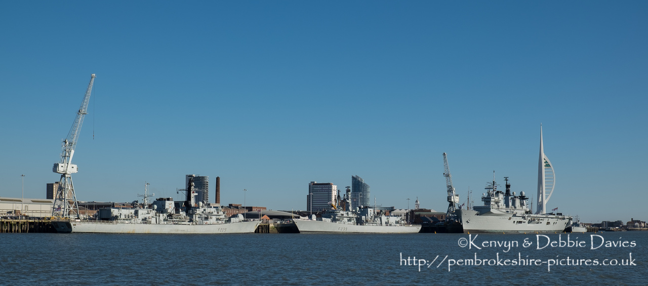 HMS Lancaster (F229) and HMS Richmond, two of the Royal Navy's Type 23 frigates in harbour with the Illustrious.<br/><br/>HMS Illustrious is an "Invincible" class light aircraft carrier, the middle of three built for the Royal Navy in the late 70s and early 80s (she was commissioned in 1982). Following the retirement of the Harrier VTOL aircraft in 2010 she became and helicopter carrier and is the oldest (as of 2014) serving ship in the Royal Navy. We were lucky to see her before her final deployment following which she will be de-commissioned and preserved for the nation.