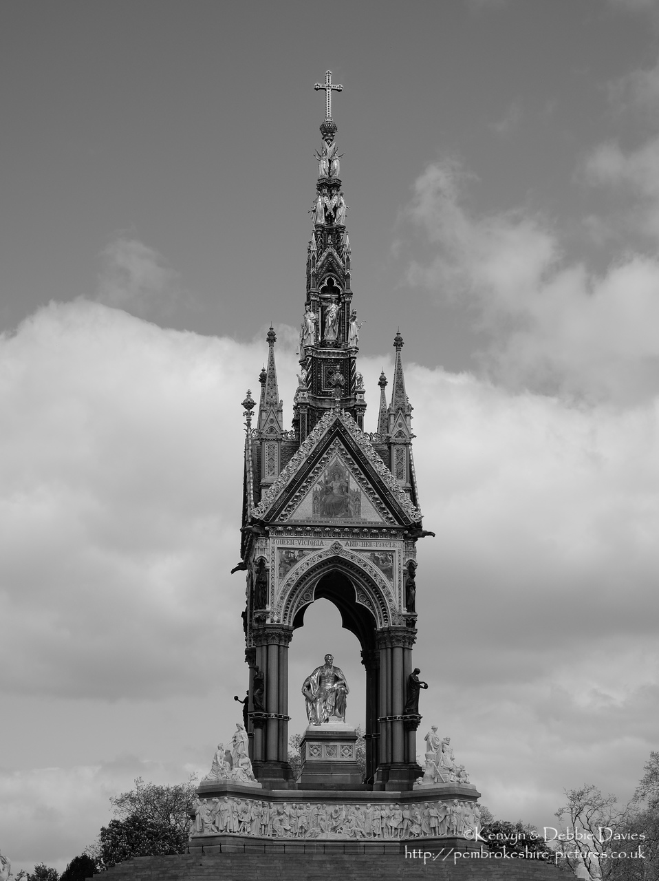 Officially the Prince Consort National Memorial.<br/><br/>Located in Kensington Gardens on Albert Memorial Road opposite the Royal Albert Hall.<br/><br/>Albert is shown holding the catalogue of the Great Exhibition of 1851, which he inspired and helped organise.