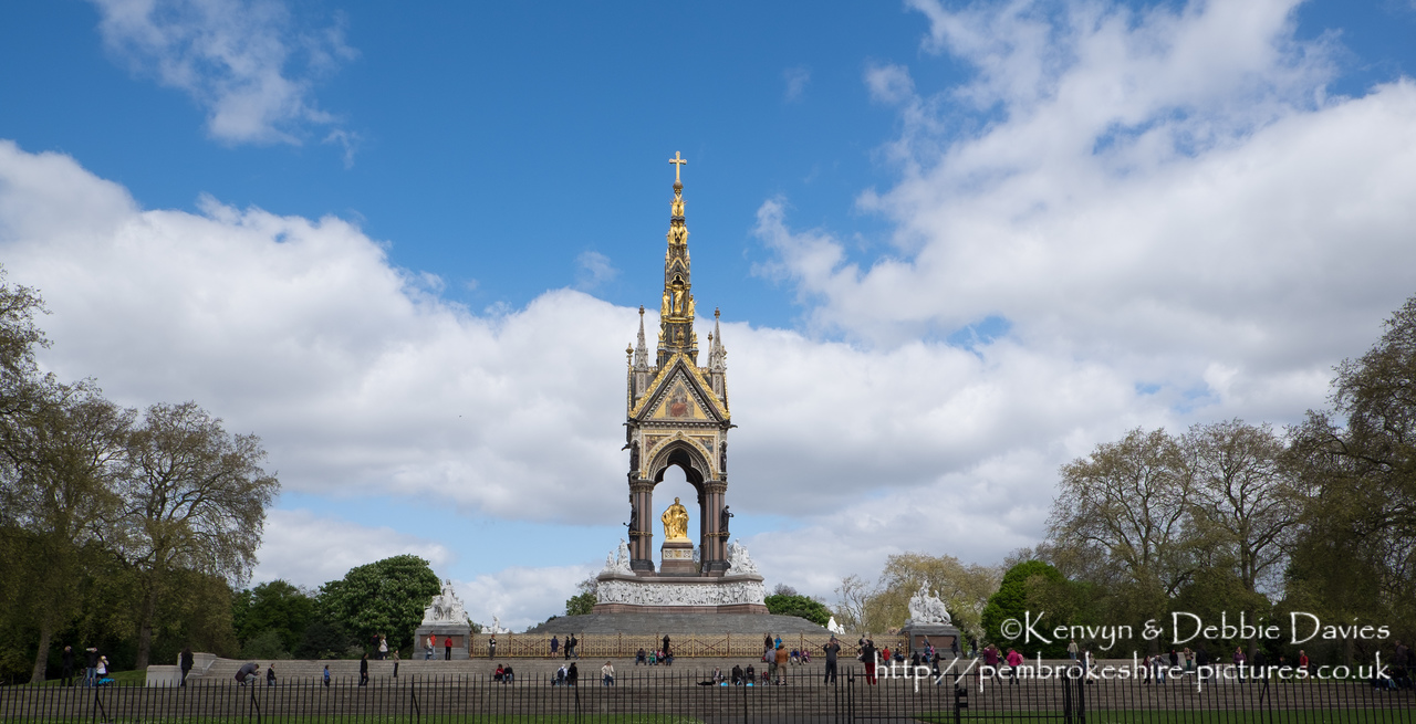 Officially the Prince Consort National Memorial.<br/><br/>Located in Kensington Gardens on Albert Memorial Road opposite the Royal Albert Hall.<br/><br/>Albert is shown holding the catalogue of the Great Exhibition of 1851, which he inspired and helped organise.