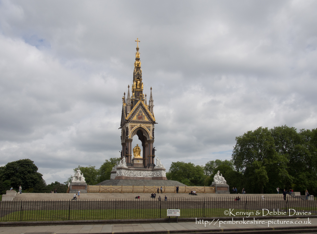 Officially the Prince Consort National Memorial.<br/><br/>Located in Kensington Gardens on Albert Memorial Road opposite the Royal Albert Hall.<br/><br/>Albert is shown holding the catalogue of the Great Exhibition of 1851, which he inspired and helped organise.