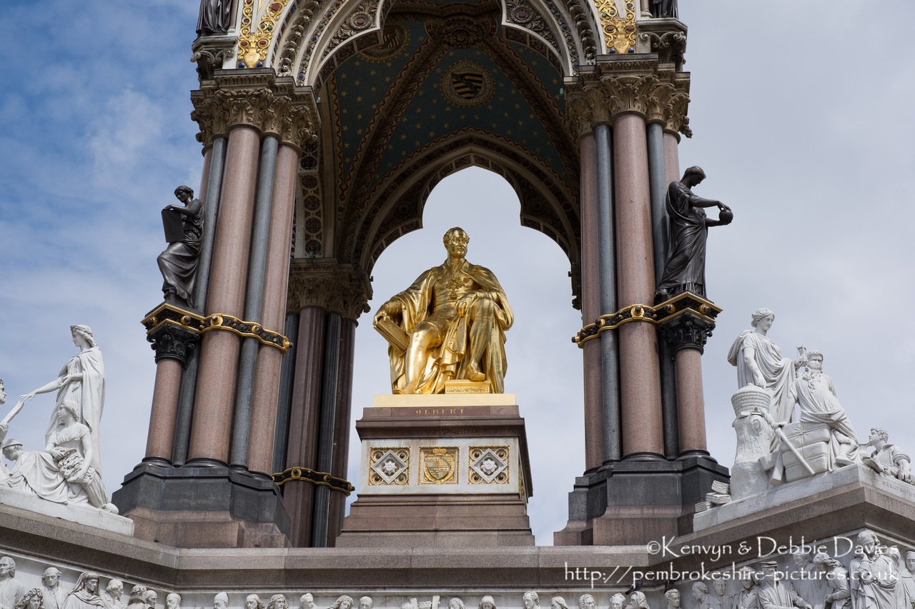 Officially the Prince Consort National Memorial.<br/><br/>Located in Kensington Gardens on Albert Memorial Road opposite the Royal Albert Hall.<br/><br/>Albert is shown holding the catalogue of the Great Exhibition of 1851, which he inspired and helped organise.