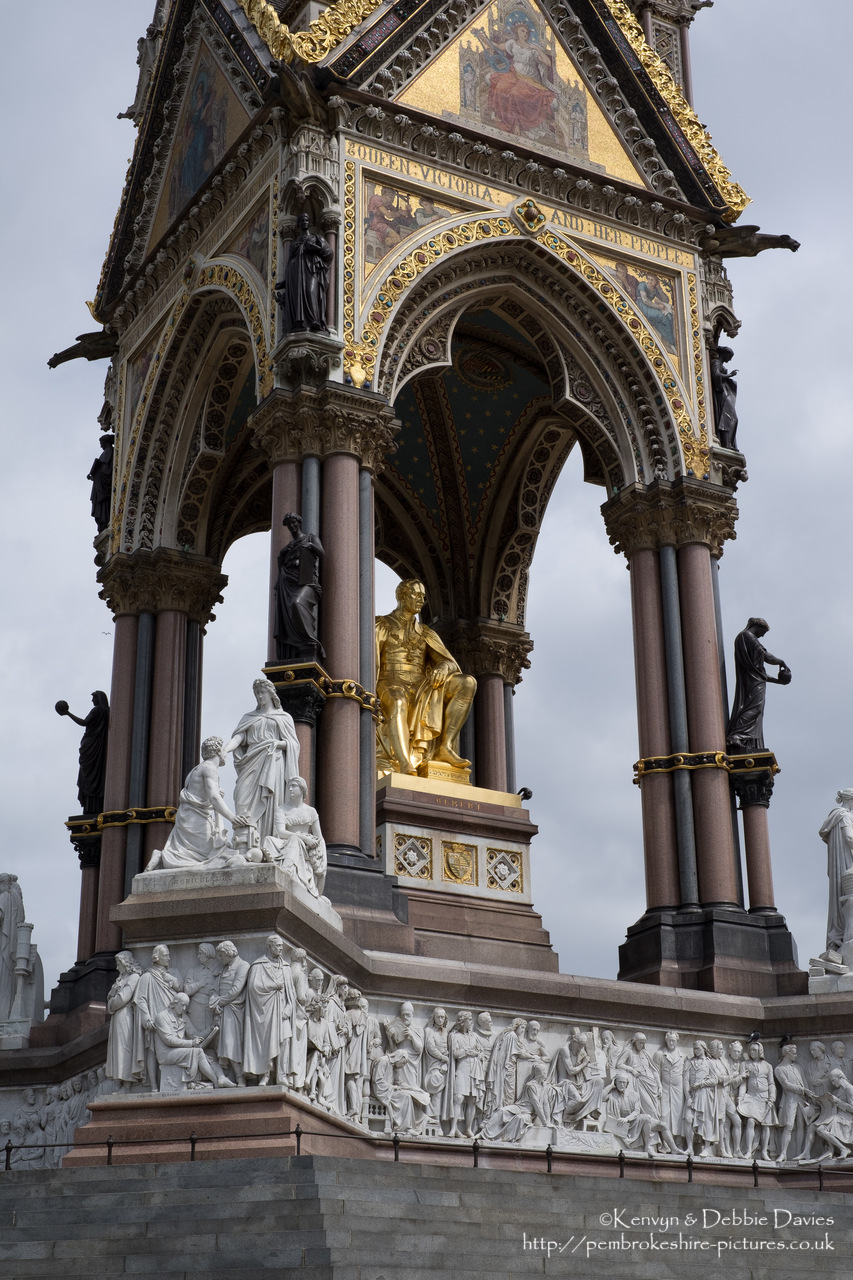Officially the Prince Consort National Memorial.<br/><br/>Located in Kensington Gardens on Albert Memorial Road opposite the Royal Albert Hall.<br/><br/>Albert is shown holding the catalogue of the Great Exhibition of 1851, which he inspired and helped organise.