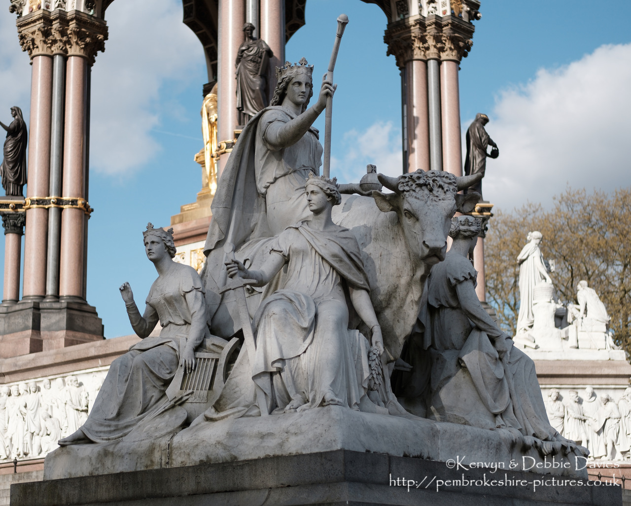 Officially the Prince Consort National Memorial.<br/><br/>Located in Kensington Gardens on Albert Memorial Road opposite the Royal Albert Hall.<br/><br/>Albert is shown holding the catalogue of the Great Exhibition of 1851, which he inspired and helped organise.