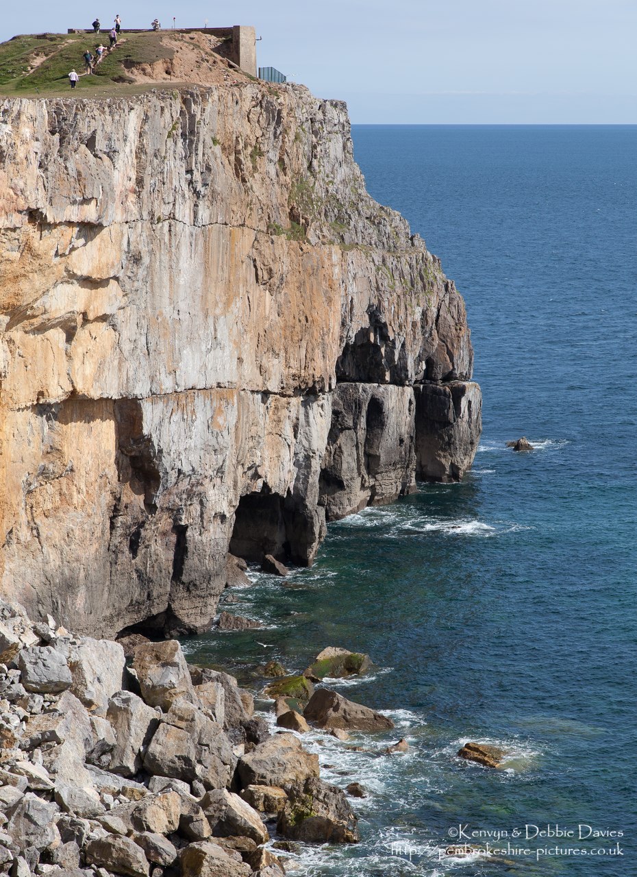 Cliffs at St Govan's Head with the Coastguard Lookout in the background.