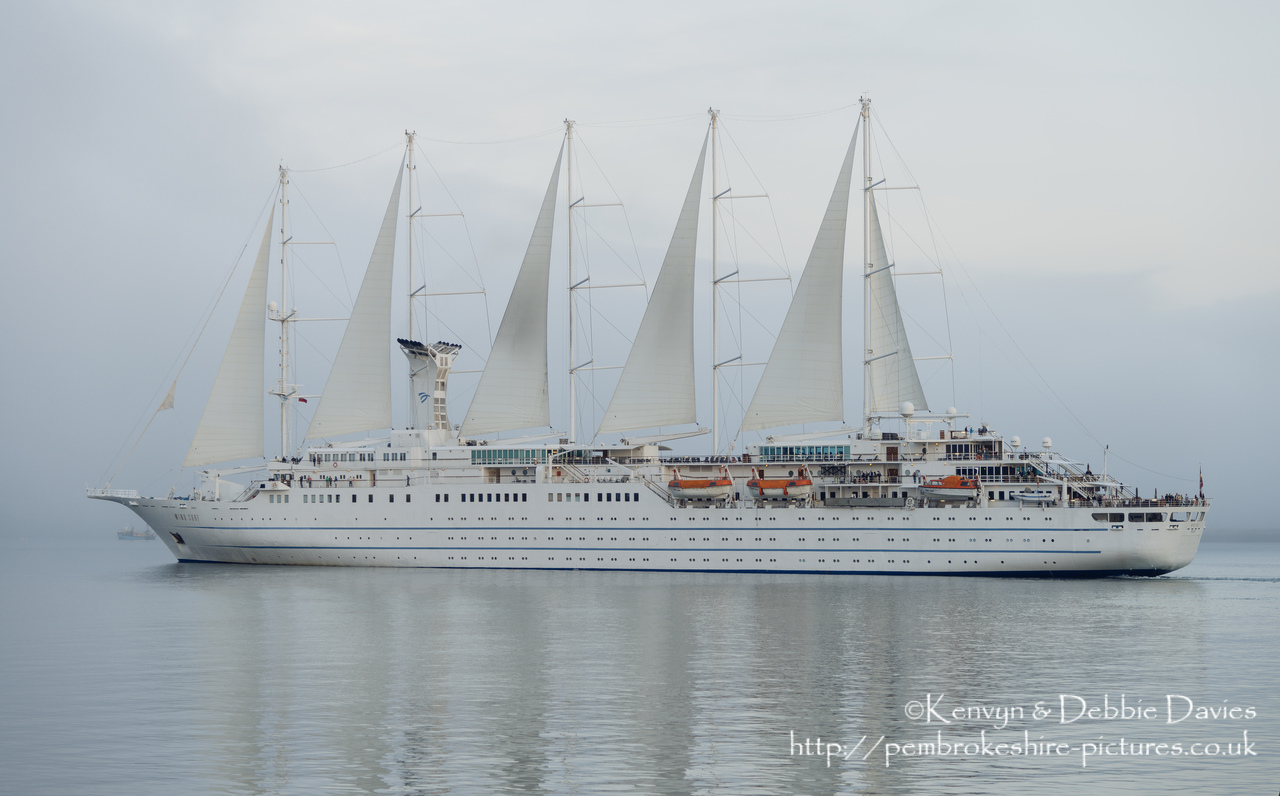 One of the biggest sailing ships in the world, the Wind Surf spent 12 hours in Goodwick then sailed passed Strumble Head heading for Ireland in some of the foggiest weather I've ever seen.
