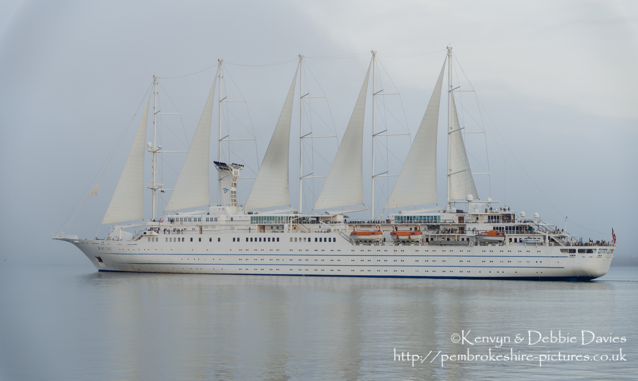 One of the biggest sailing ships in the world, the Wind Surf spent 12 hours in Goodwick then sailed passed Strumble Head heading for Ireland in some of the foggiest weather I've ever seen.