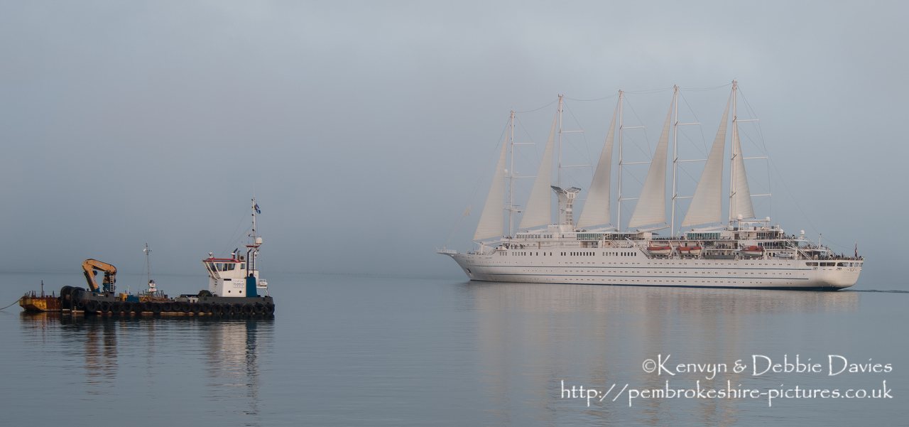 One of the biggest sailing ships in the world, the Wind Surf spent 12 hours in Goodwick then sailed passed Strumble Head heading for Ireland in some of the foggiest weather I've ever seen.