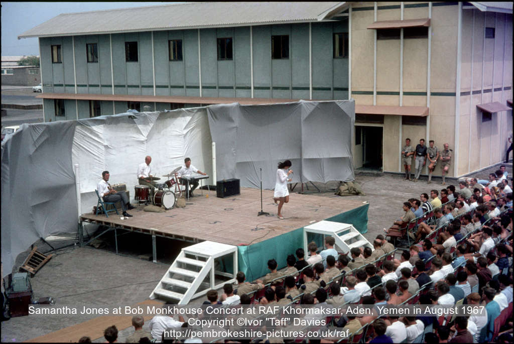 Samantha Jones at Bob Monkhouse Concert at RAF Khormaksar, Aden, Yemen in August 1967