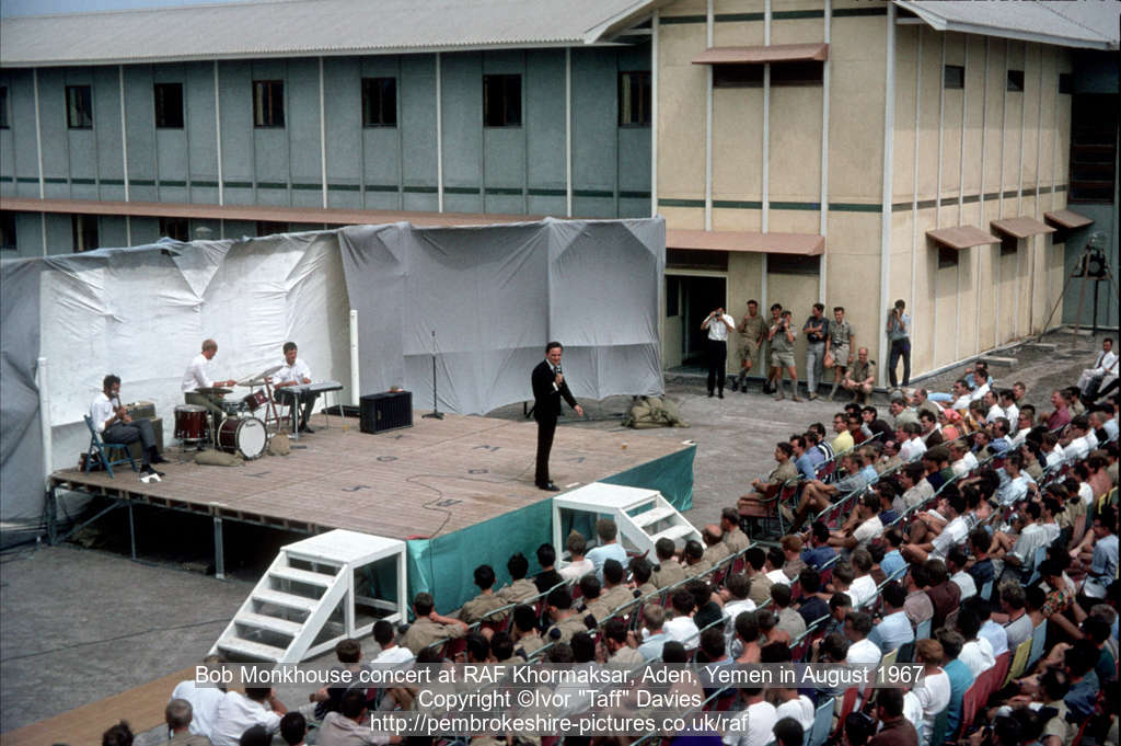 Bob Monkhouse concert at RAF Khormaksar, Aden, Yemen in August 1967
