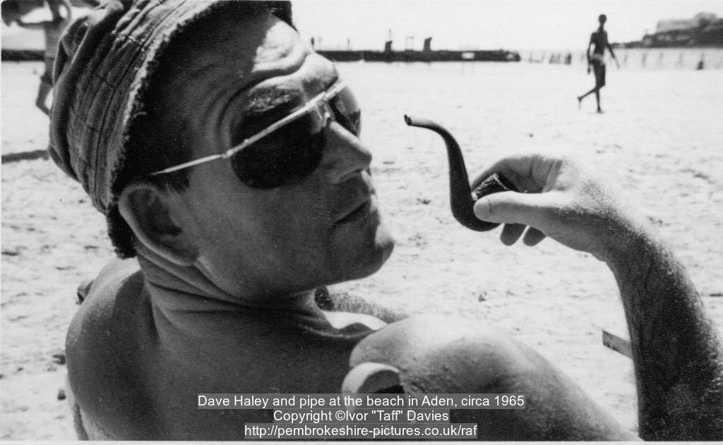 Dave Haley and pipe at the beach in Aden, circa 1965