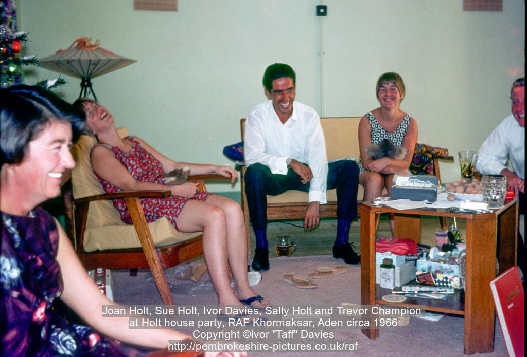 Joan Holt, Sue Holt, Ivor Davies, Sally Holt and Trevor Champion at Holt house party, RAF Khormaksar, Aden circa 1966