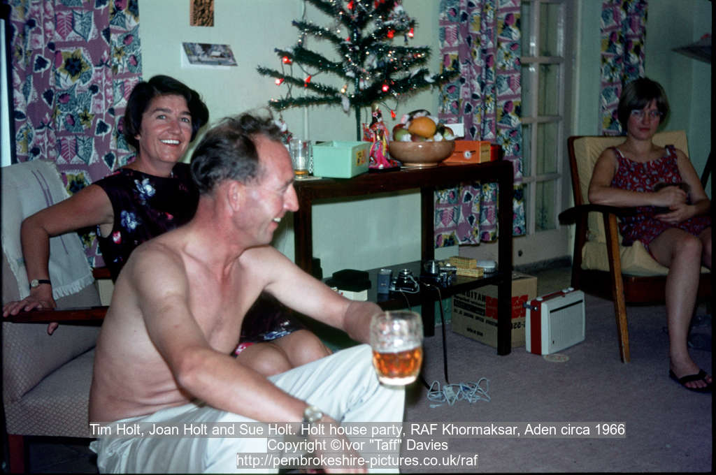 Tim Holt, Joan Holt and Sue Holt. Holt house party, RAF Khormaksar, Aden circa 1966
