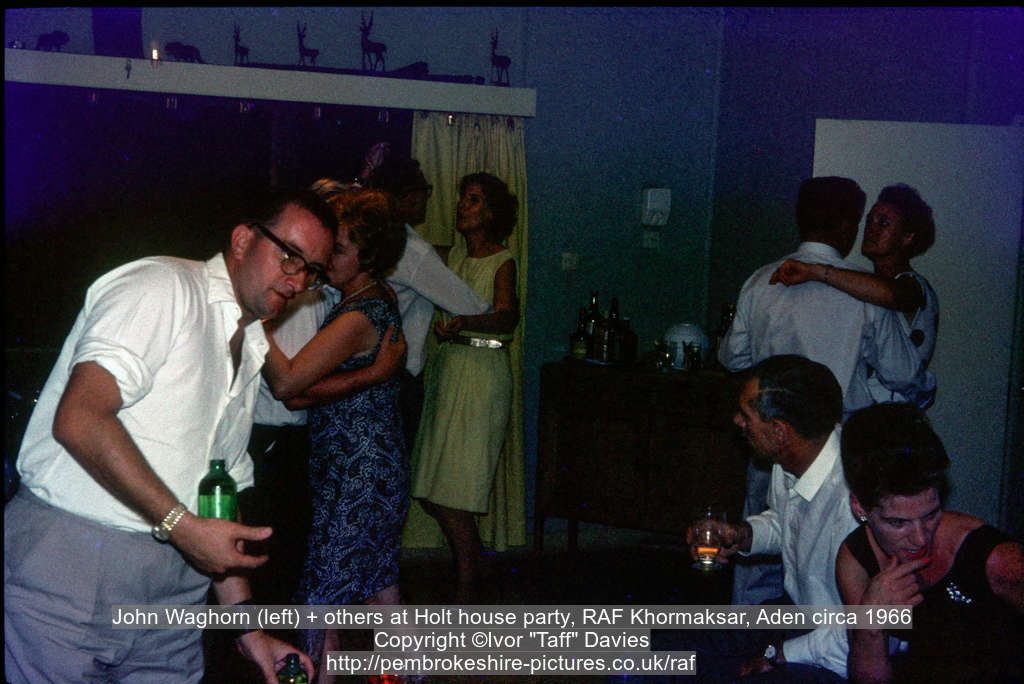 John Waghorn (left) + others at Holt house party, RAF Khormaksar, Aden circa 1966