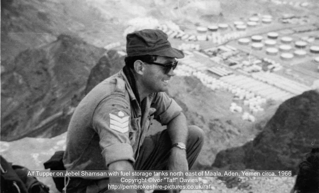 Alf Tupper on Jebel Shamsan with fuel storage tanks north east of Maala, Aden, Yemen circa. 1966