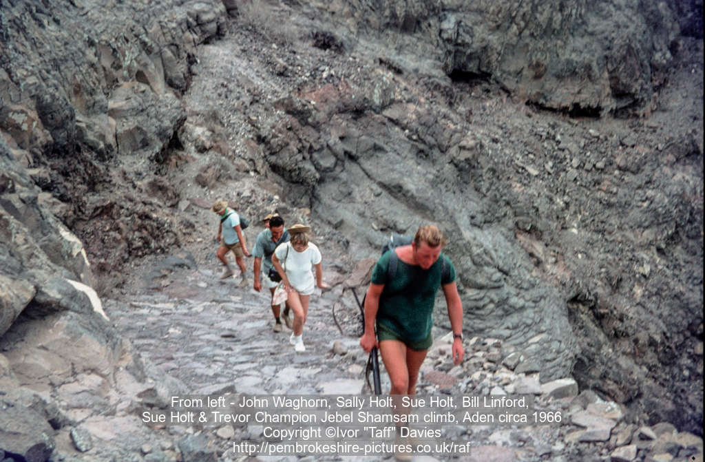 From left - John Waghorn, Sally Holt, Sue Holt, Bill Linford, Sue Holt & Trevor Champion Jebel Shamsam climb, Aden circa 1966