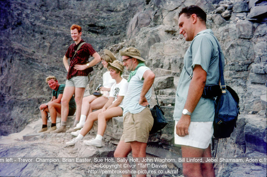 From left - Trevor  Champion, Brian Easter, Sue Holt, Sally Holt, John Waghorn, Bill Linford, Jebel Shamsam, Aden c.1966