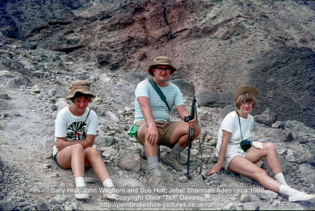 Sally Holt, John Waghorn and Sue Holt, Jebel Shamsan Aden circa 1966