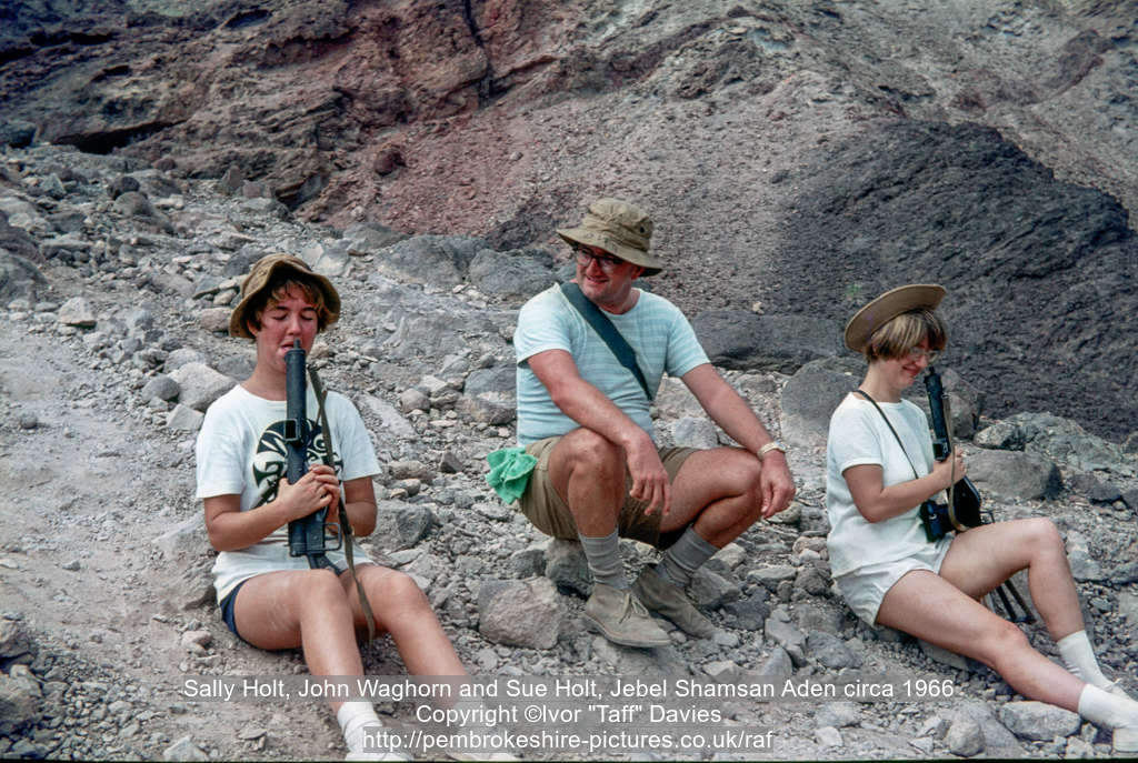 Sally Holt, John Waghorn and Sue Holt, Jebel Shamsan Aden circa 1966