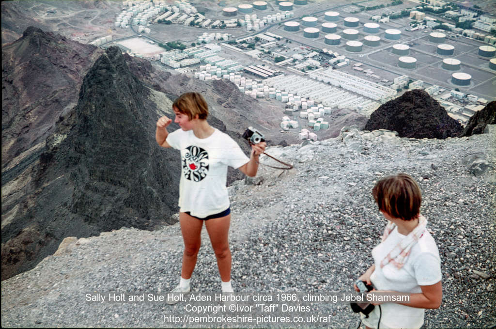 Sally Holt and Sue Holt, Aden Harbour circa 1966, climbing Jebel Shamsam