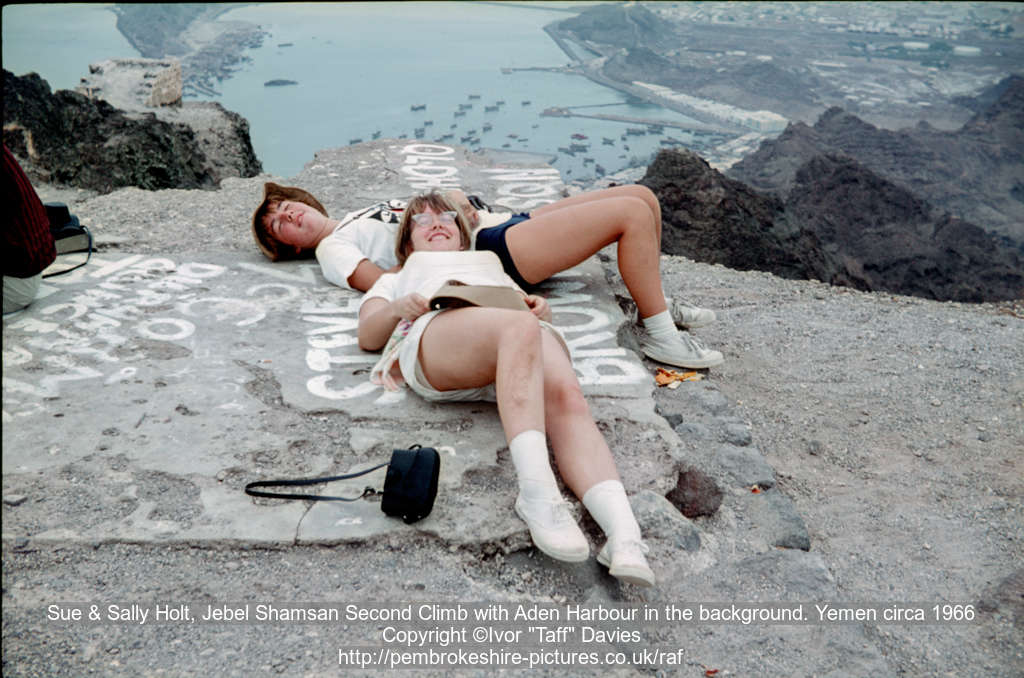 Sue & Sally Holt, Jebel Shamsan Second Climb with Aden Harbour in the background. Yemen circa 1966