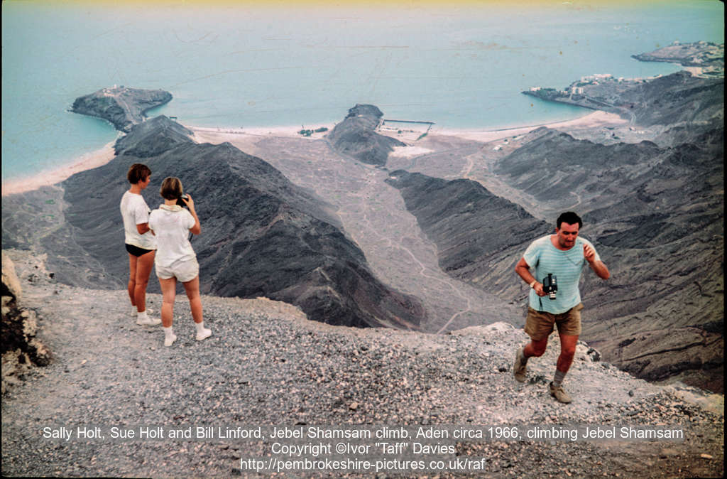 Sally Holt, Sue Holt and Bill Linford, Jebel Shamsam climb, Aden circa 1966, climbing Jebel Shamsam