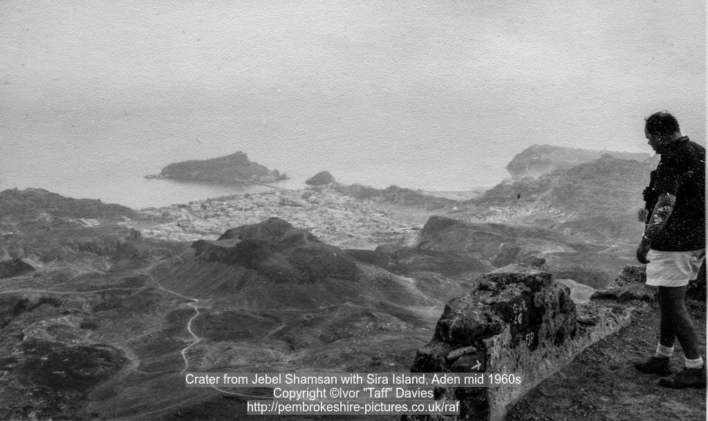 Crater from Jebel Shamsan with Sira Island, Aden mid 1960s