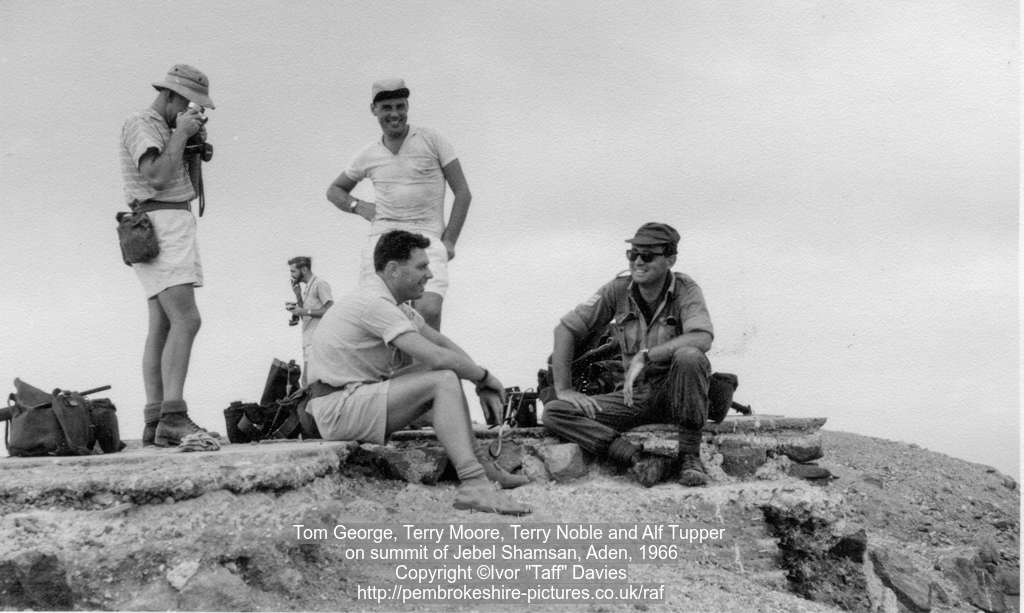 Tom George, Terry Moore, Terry Noble and Alf Tupper on summit of Jebel Shamsan, Aden, 1966