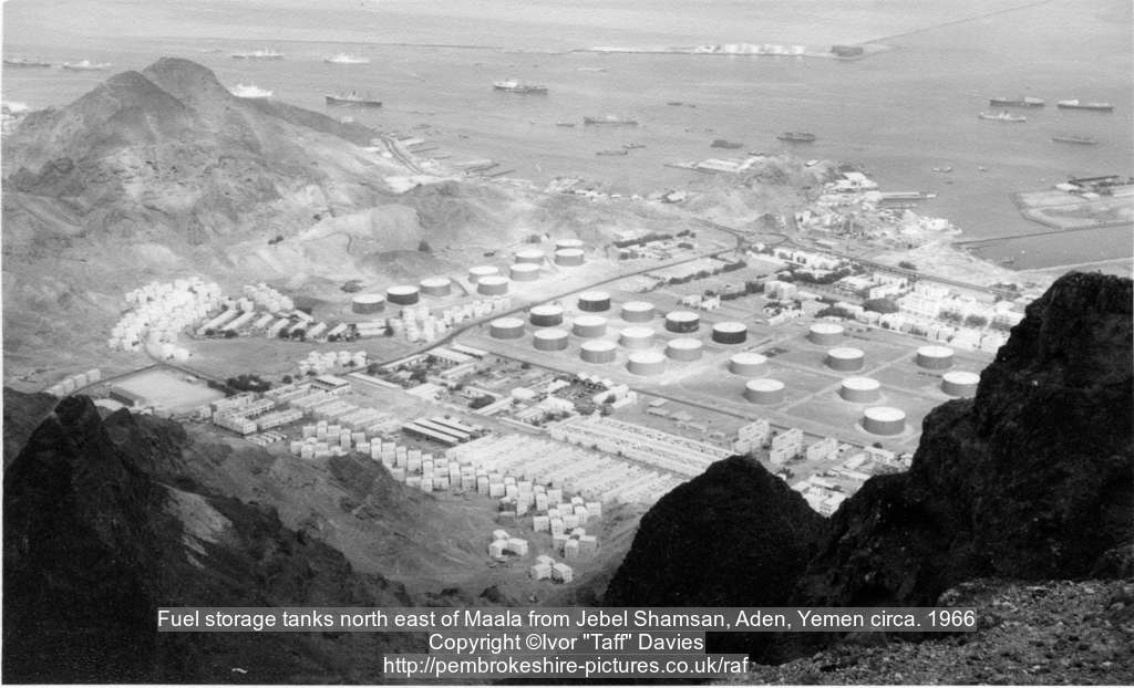 Fuel storage tanks north east of Maala from Jebel Shamsan, Aden, Yemen circa. 1966