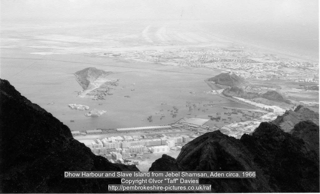 Dhow Harbour and Slave Island from Jebel Shamsan, Aden circa. 1966