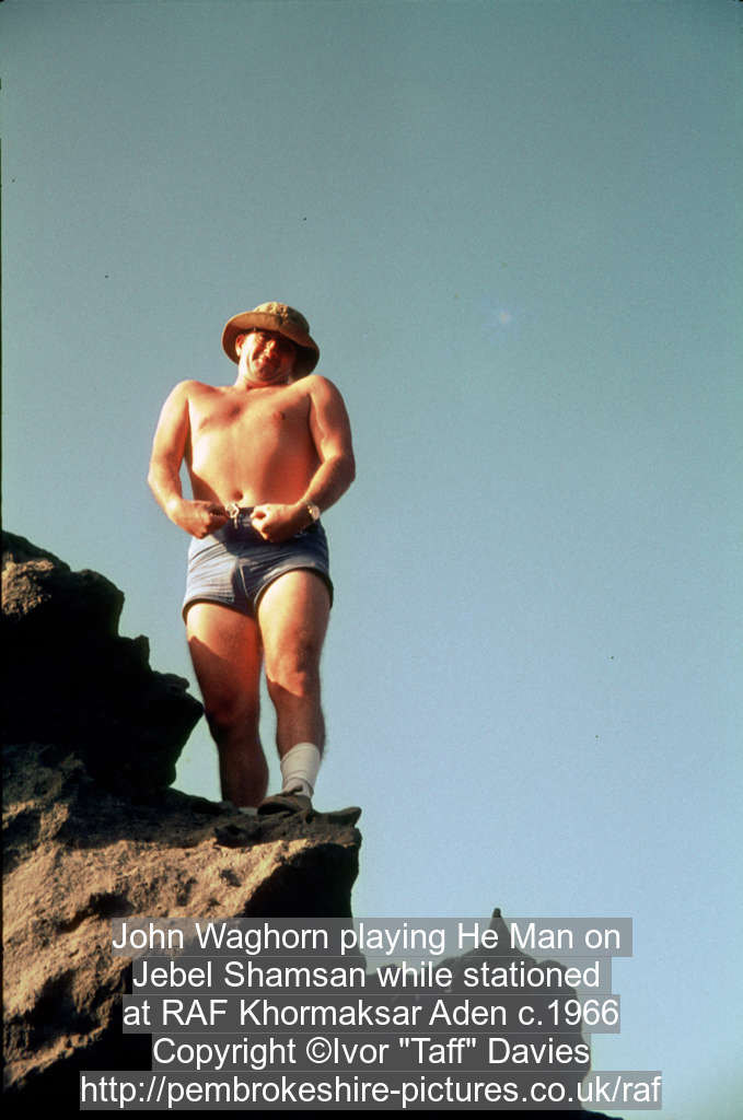 John Waghorn playing He Man on Jebel Shamsan while stationed at RAF Khormaksar Aden c.1966