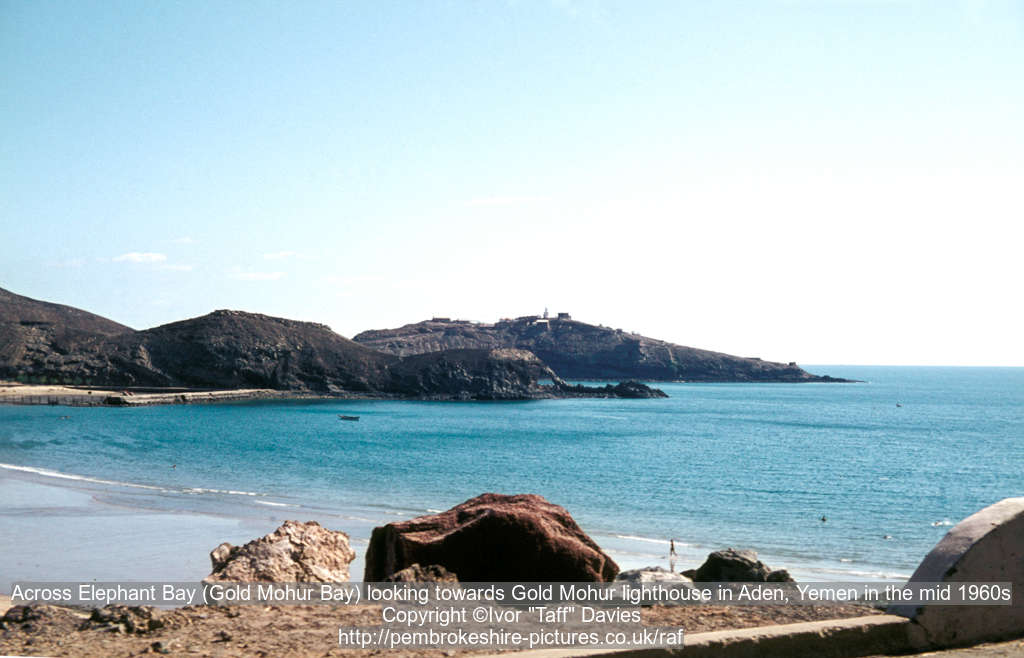 Across Elephant Bay (Gold Mohur Bay) looking towards Gold Mohur lighthouse in Aden, Yemen in the mid 1960s
