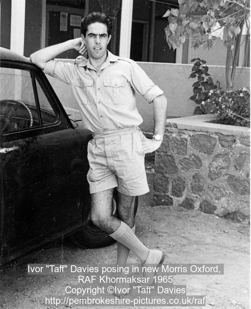 Ivor "Taff" Davies posing in new Morris Oxford, RAF Khormaksar 1965