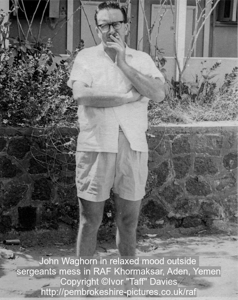 John Waghorn in relaxed mood outside sergeants mess in RAF Khormaksar, Aden, Yemen