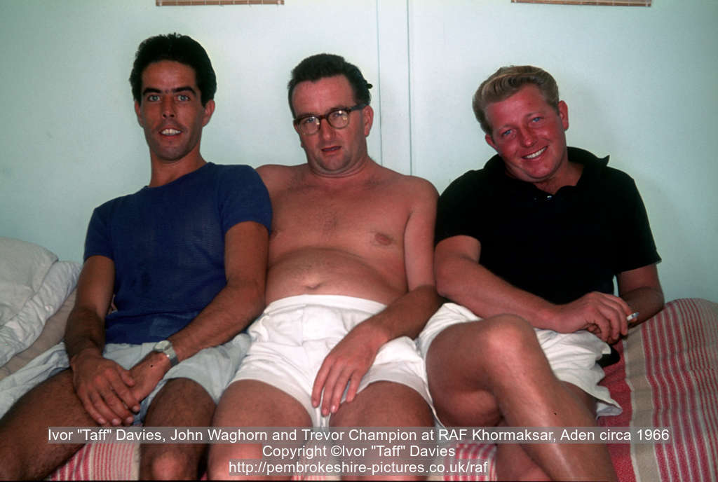 Ivor "Taff" Davies, John Waghorn and Trevor Champion at RAF Khormaksar, Aden circa 1966