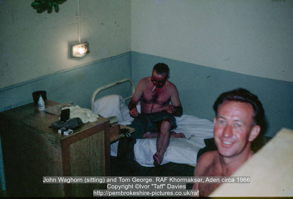 John Waghorn (sitting) and Tom George. RAF Khormaksar, Aden circa 1966