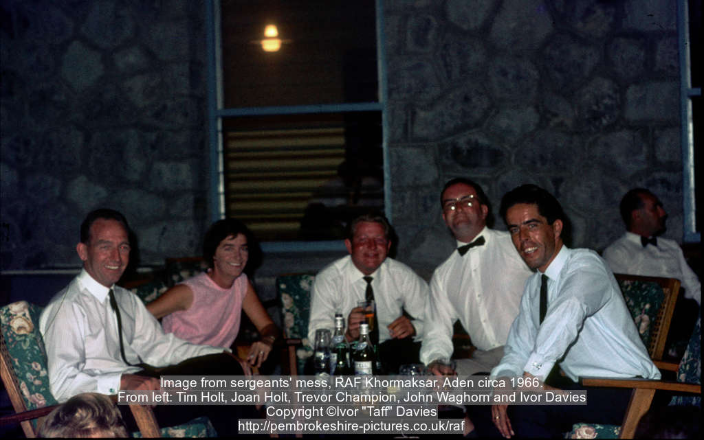 Image from sergeants' mess, RAF Khormaksar, Aden circa 1966.From left: Tim Holt, Joan Holt, Trevor Champion, John Waghorn and Ivor Davies
