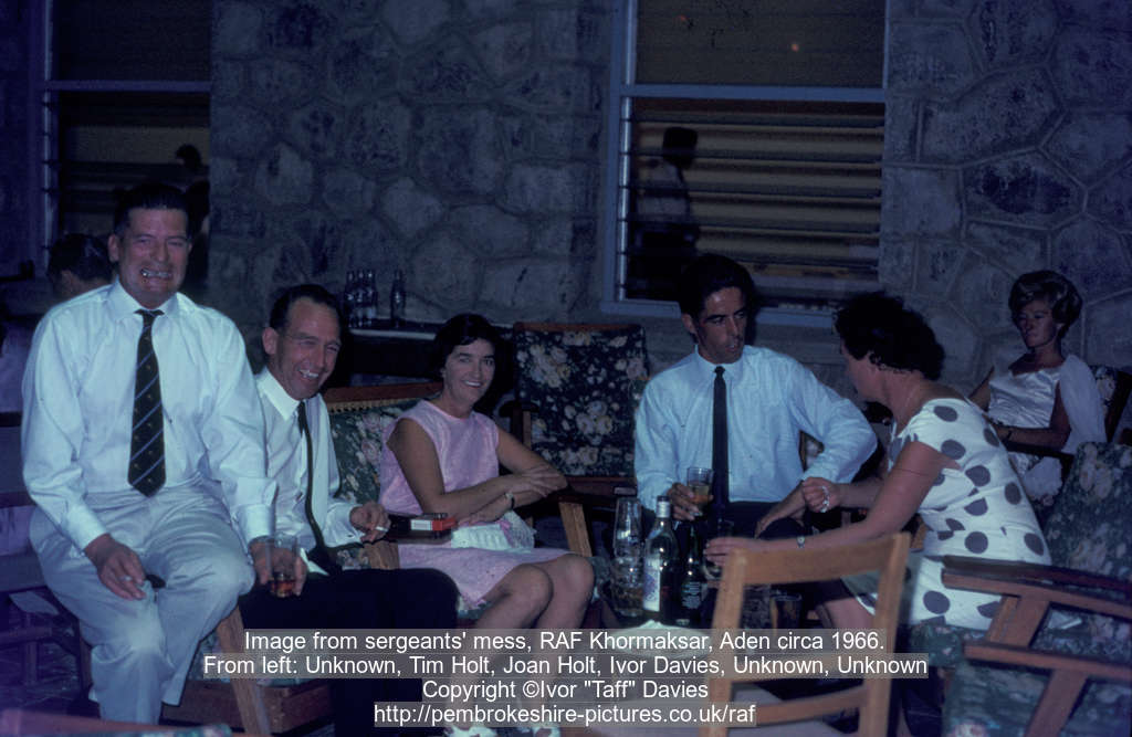 Image from sergeants' mess, RAF Khormaksar, Aden circa 1966.From left: Unknown, Tim Holt, Joan Holt, Ivor Davies, Unknown, Unknown
