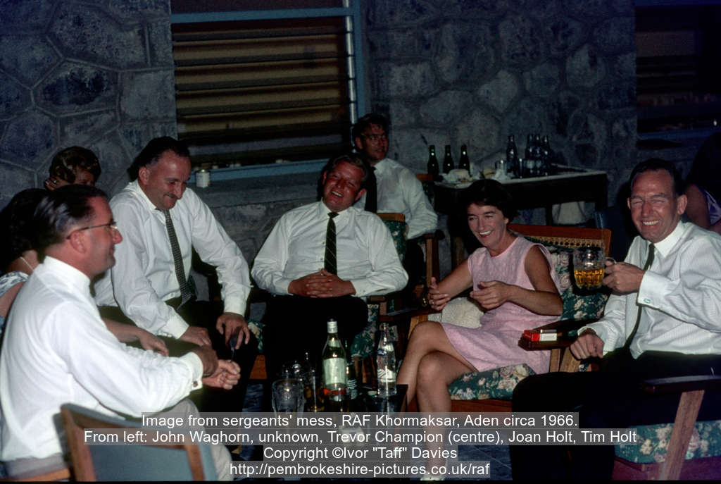 Image from sergeants' mess, RAF Khormaksar, Aden circa 1966.From left: John Waghorn, unknown, Trevor Champion (centre), Joan Holt, Tim Holt
