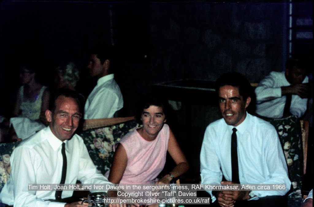 Tim Holt, Joan Holt and Ivor Davies in the sergeants' mess, RAF Khormaksar, Aden circa 1966