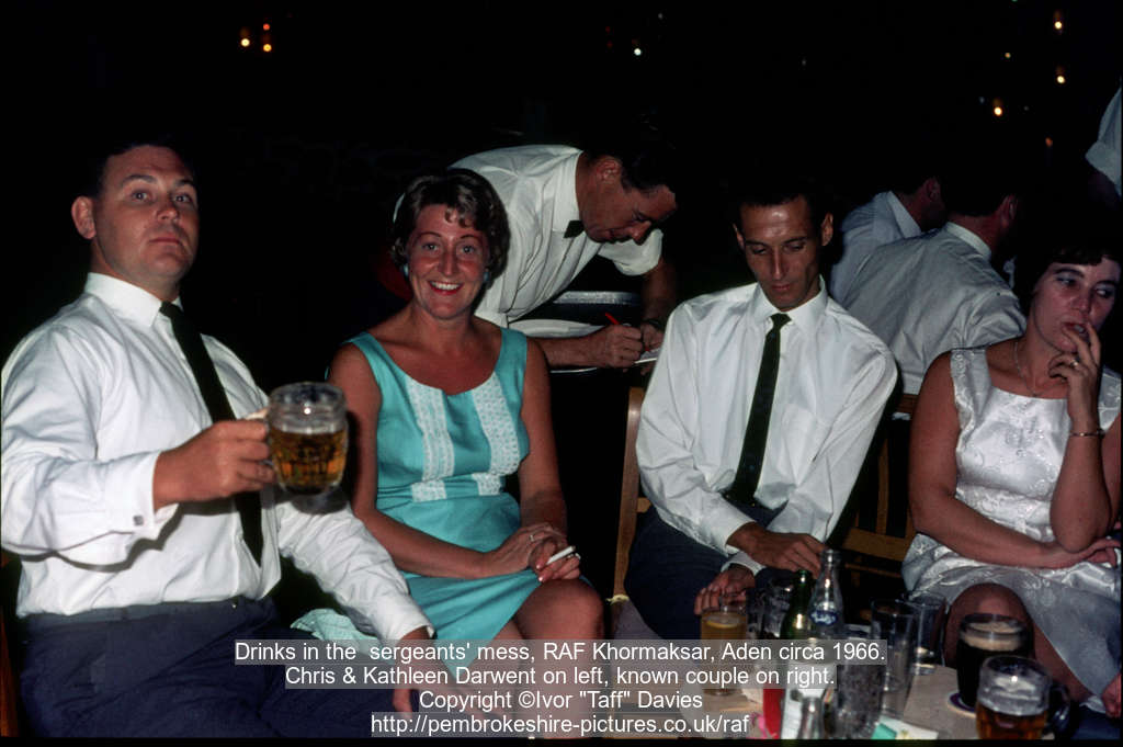 Drinks in the  sergeants' mess, RAF Khormaksar, Aden circa 1966.Chris & Kathleen Darwent on left, known couple on right.
