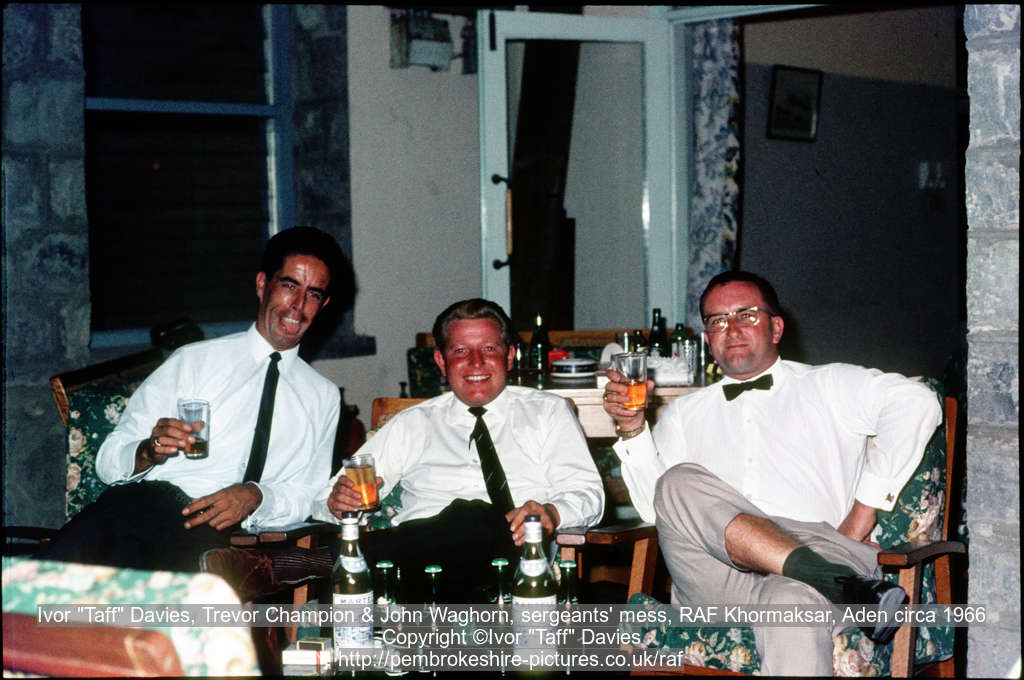 Ivor "Taff" Davies, Trevor Champion & John Waghorn, sergeants' mess, RAF Khormaksar, Aden circa 1966