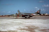 Hawker Hunter T7 reg. XF321 at RAF Khormaksar c.1966. XF321 was part of 1417 Flight Trainers with 8 and 43 Squadron markings.  Built in 1956 and converted to a 2 seater in 1959, Hunter XF321 was a two seater which saw service until 1984 when it suffered a wheels up landing and was written off.