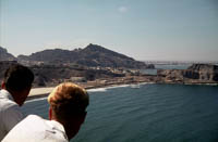 This picture, is looking north across Holkat Bay with Crater town to the left, is taken from Ras Marshag.    The promontory on the right hand side is Ma'qilein. Also to the right hand side but out of picture is Sira Island. Far distance right is Khormaksar beach.  Thanks to Andy Lennox for gelocation and description.