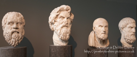 Socrates, Antisthenes, Chrysippos,and Epikouros, busts of four Greek Philosophe...